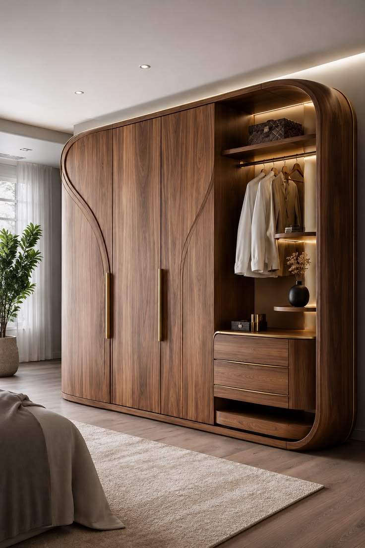 A curved walnut wardrobe with open shelving, lit from within