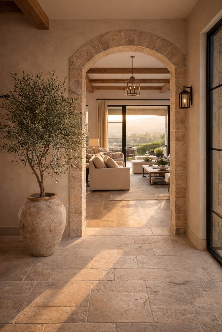 A travertine hallway opening through a stone arch