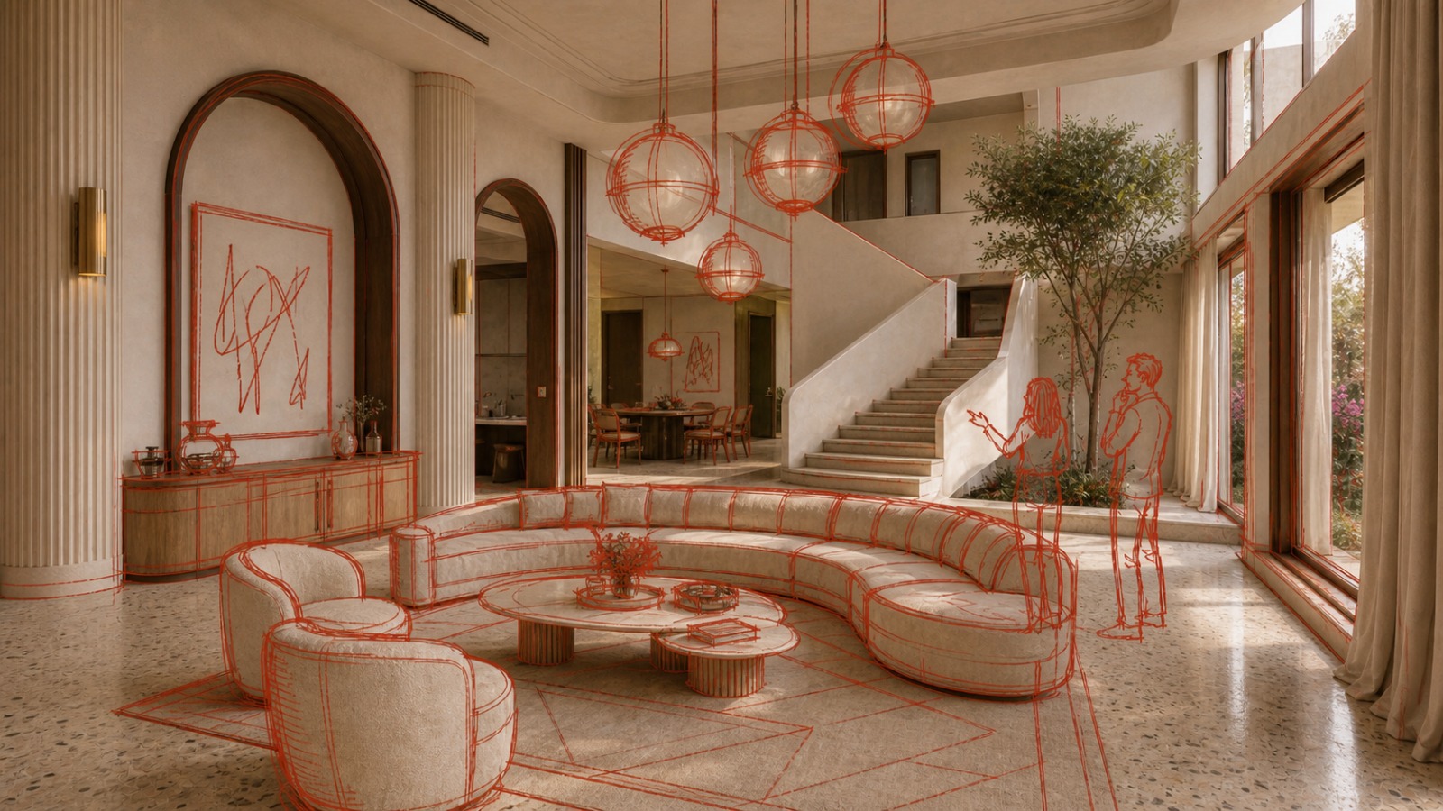 A specialist talking a visitor through a living room, the scene traced in red linework